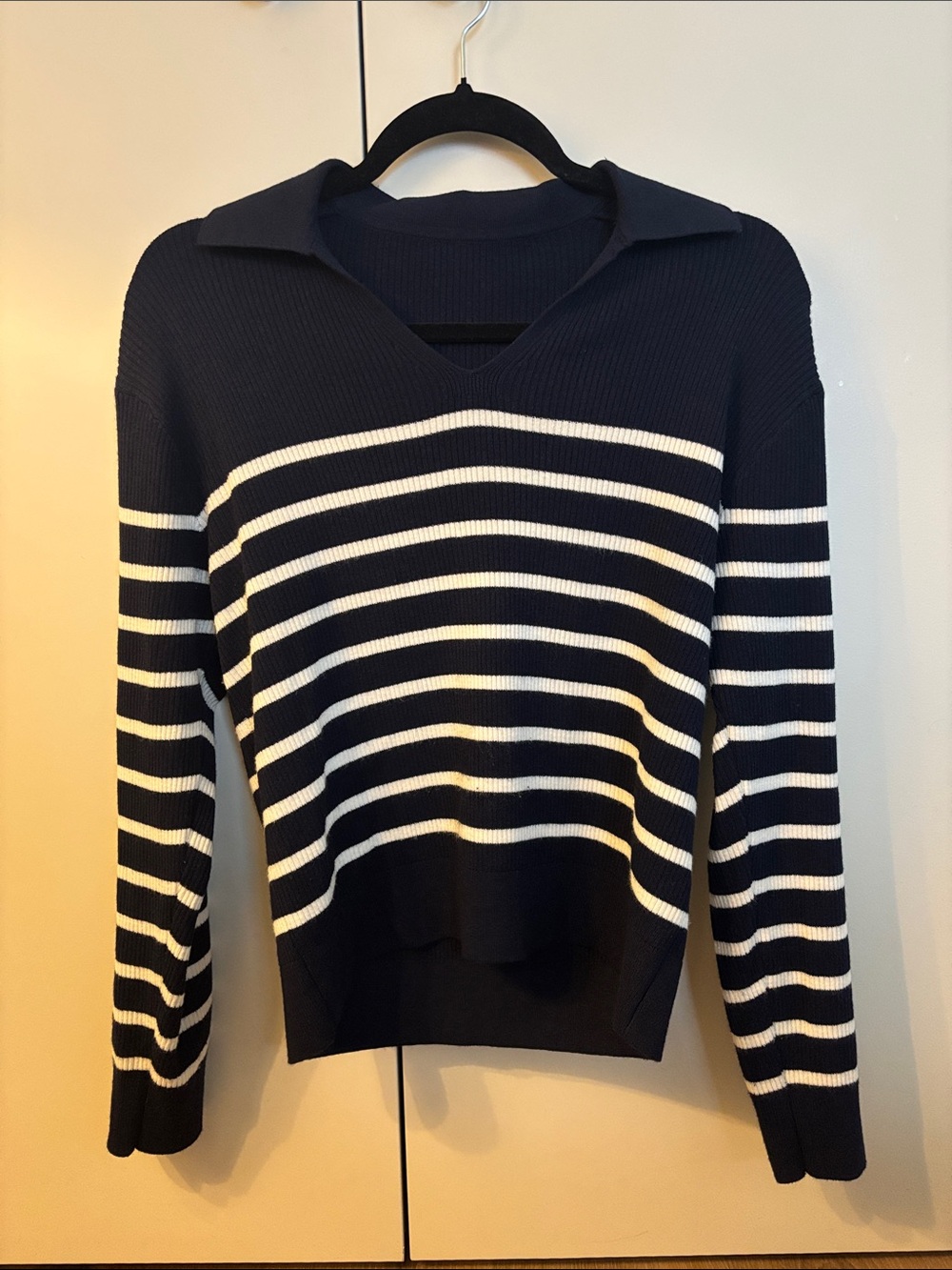 Uniqlo Navy & White Striped V-Neck Collared Sweater